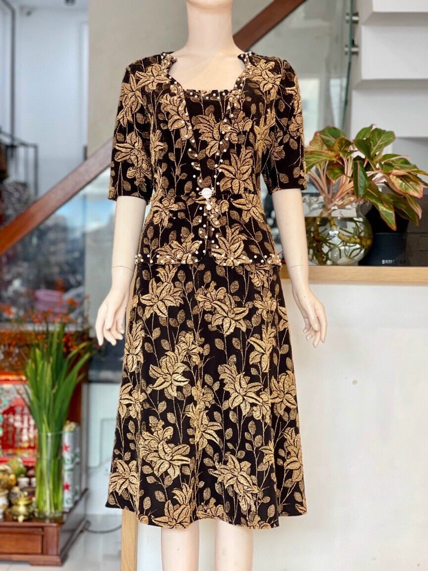 ĐẦM DỰ TIỆC TRUNG NIÊN THUN KIM SA CO GIÃN