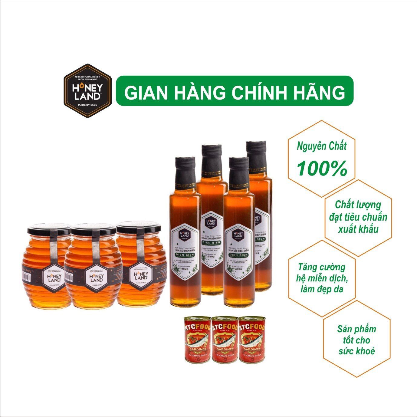 [HCM]HONEYLAND - Combo 3 lọ Mật Ong Hoa Xuyến Chi 500 g/chai & 4 chai Mật Ong Hoa Điện Biên 380 g/chai | TẶNG: 3 Hộp Cá mòi Sốt Cà Đóng Hộp KTCFood