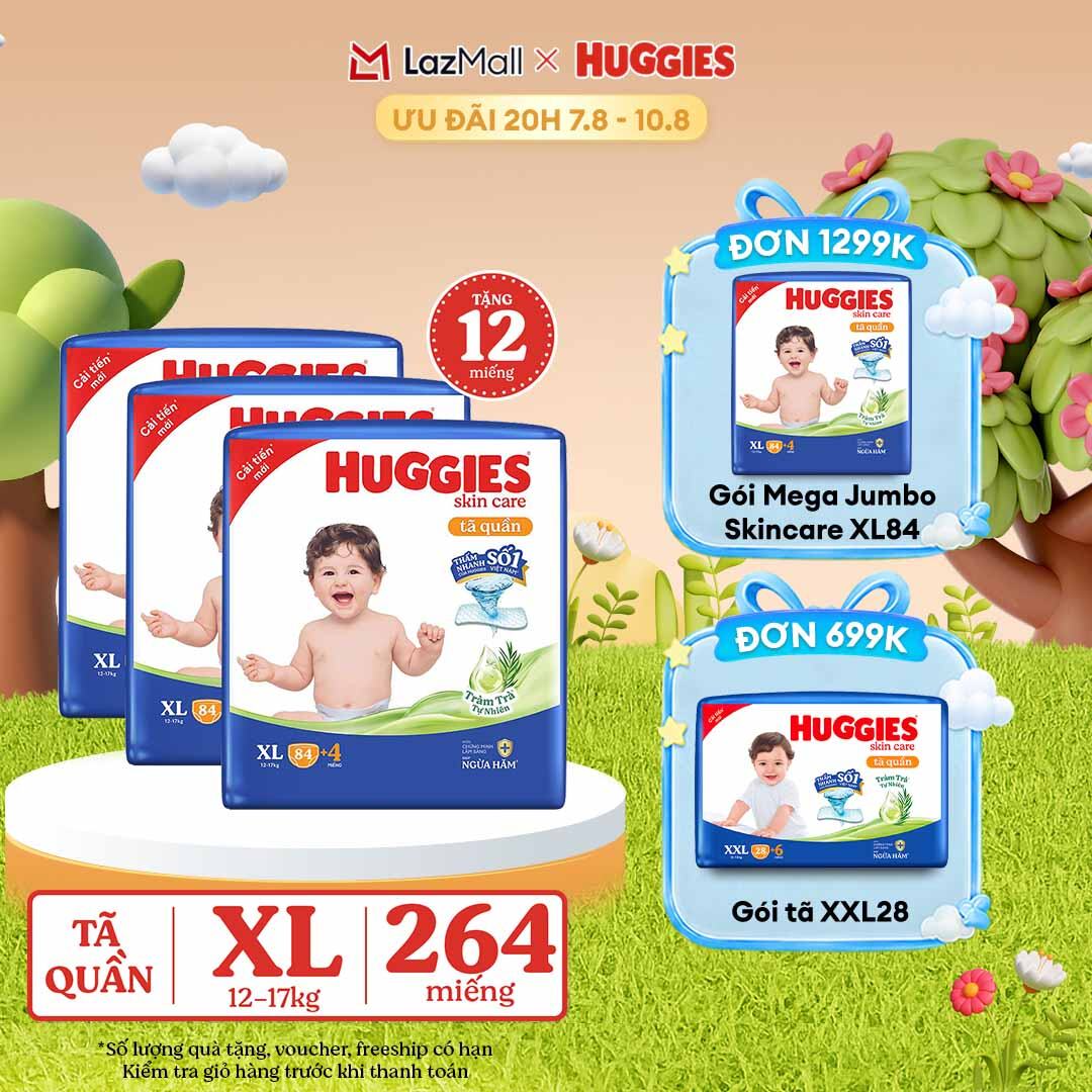 [20h 7-10.8 GIẢM THÊM 90K] Combo 3 Gói Tã/bỉm quần HUGGIES SKINCARE MEGA JUMBO size XL84+4 miếng
