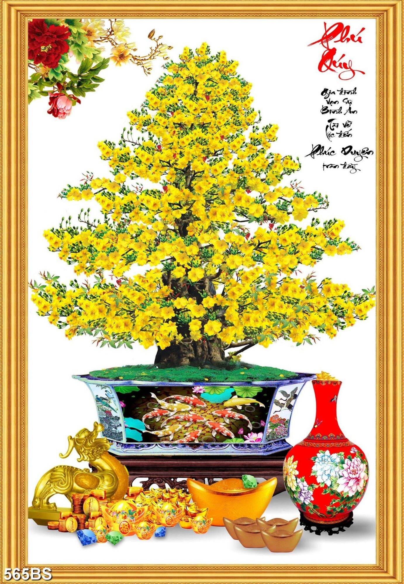 Tranh dán tường 3d chậu bonsai cây mai phú quý thư pháp 565bs - tranh chậu hoa chưng tết
