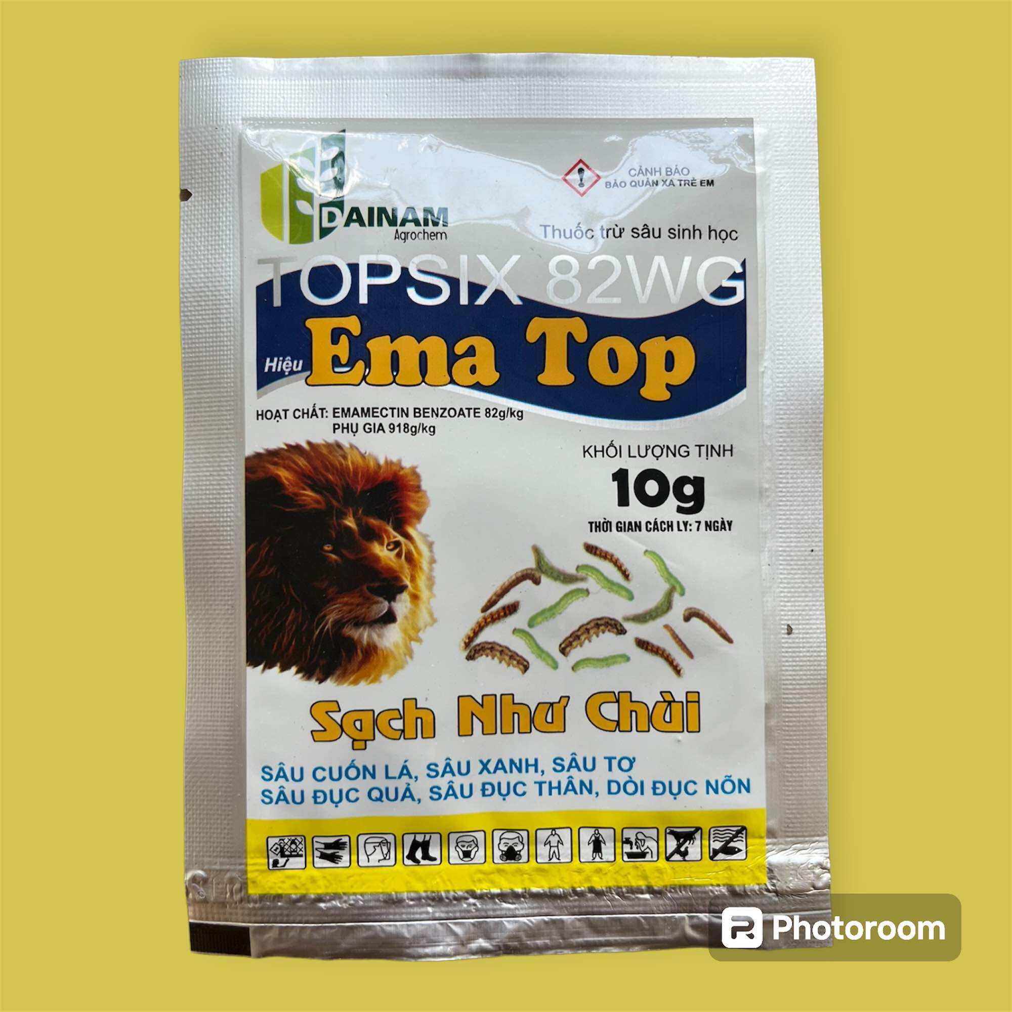 Tên sản phẩm: TOPSIX82WG  Hoạt chất: Emamectin Benzoate 82g/kg phụ gia 918g/kg  Khối lượng tịnh: 10g