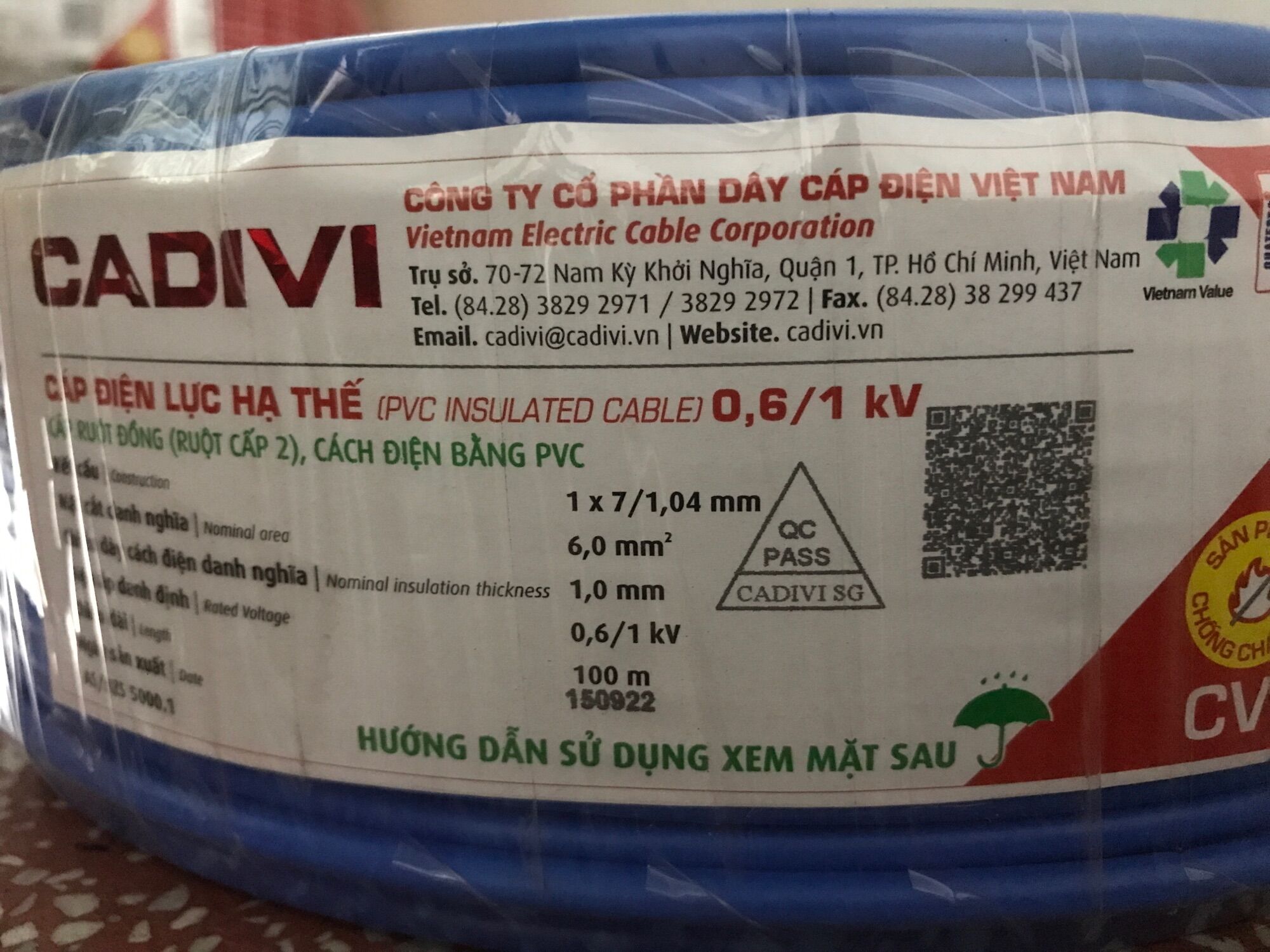 Dây điện Cadivi 6.0 đơn 7 sợi (cuộn 100 mét)