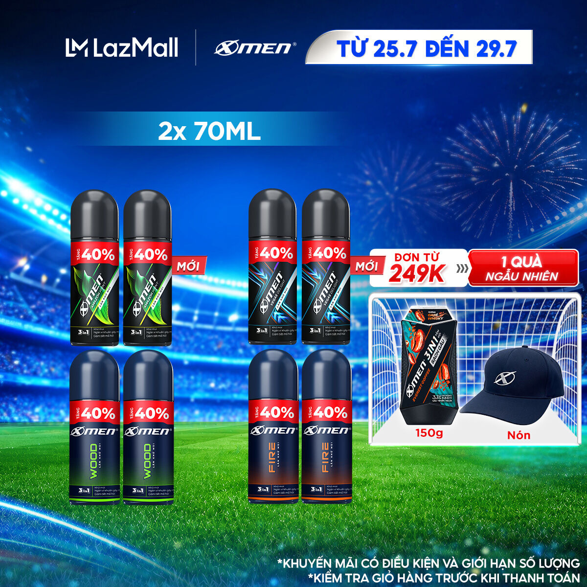 [TĂNG 40% DUNG TÍCH] Combo 2 Lăn khử mùi Xmen Wood 70ml/chai - Hương thơm nam tính