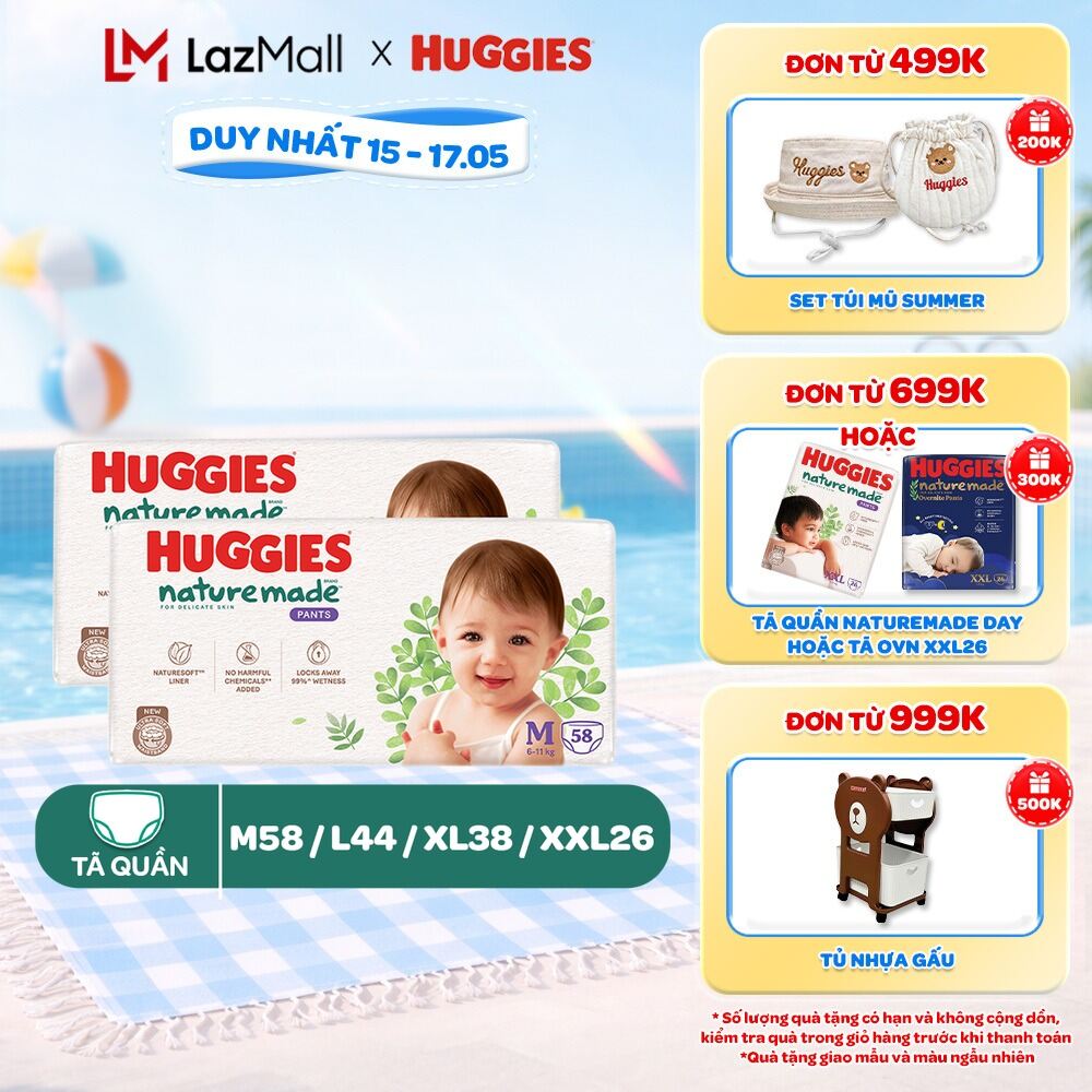 Combo 2 Tã/Bỉm quần Huggies NatureMade M58/ L44/XL38/XXL26/XXXL28