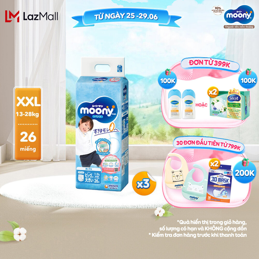 Combo 3 Tã/Bỉm quần cao cấp Moony Blue XXL26 bé trai