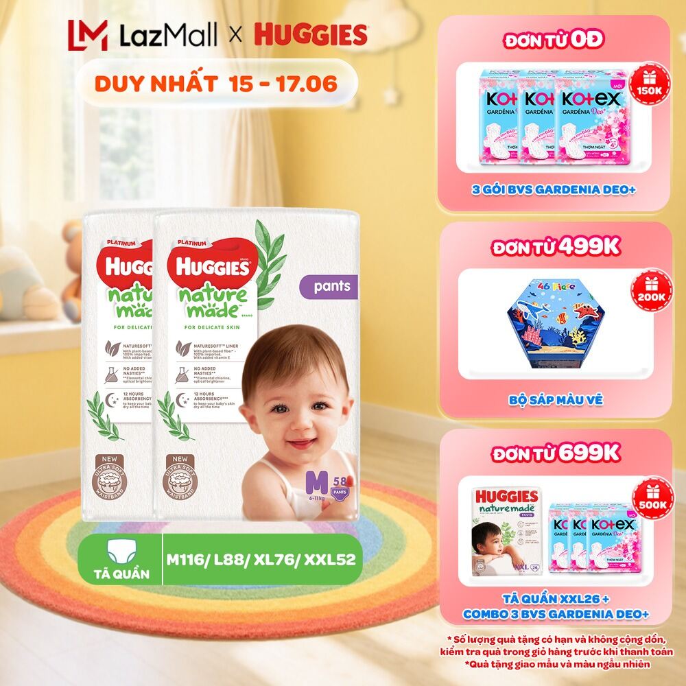 Combo 2 Tã/Bỉm quần Huggies NatureMade Platinum M58/ L44/XL38/XXL26/XXXL28