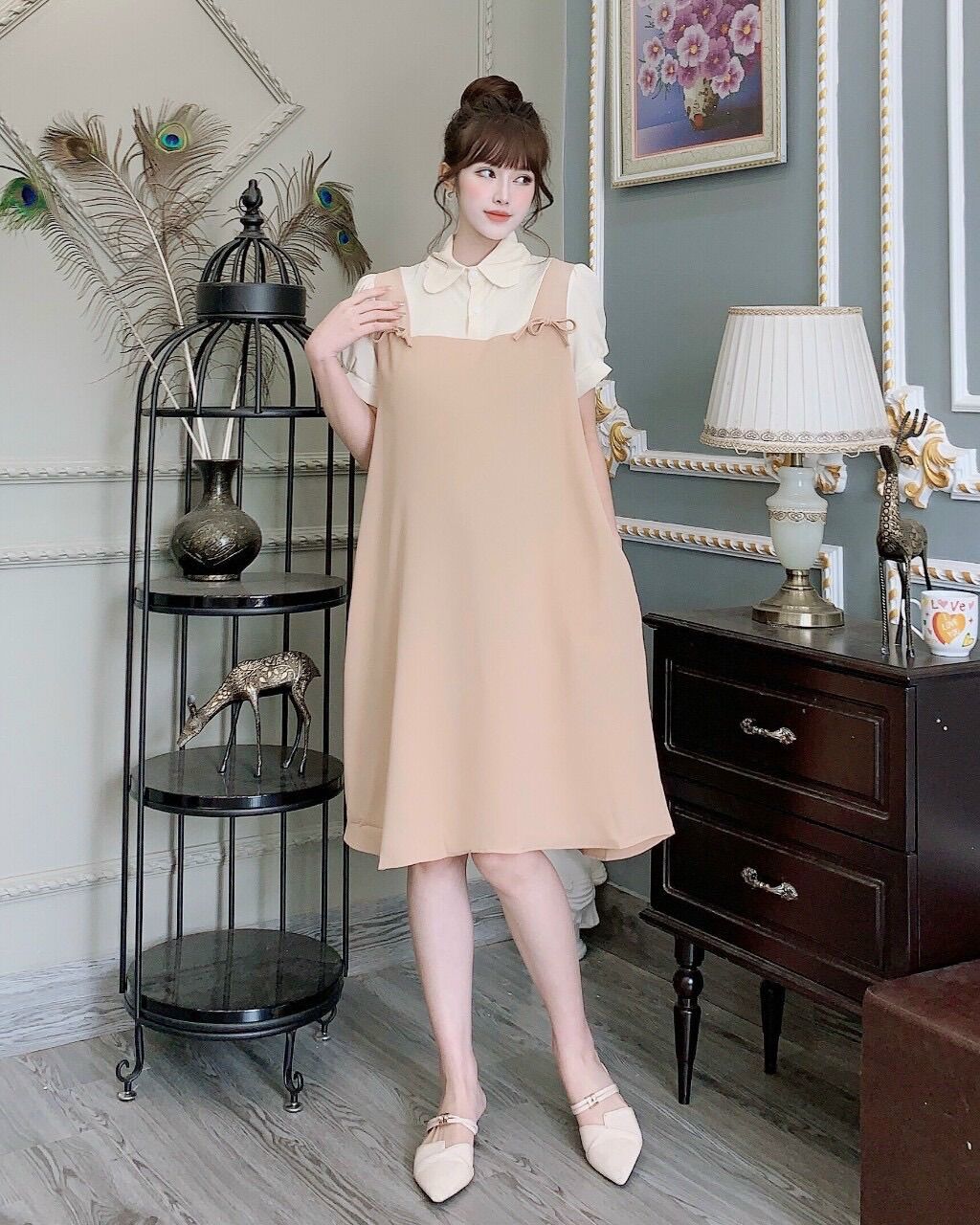 Đầm bầu cổ sơ mi thời trang công sở