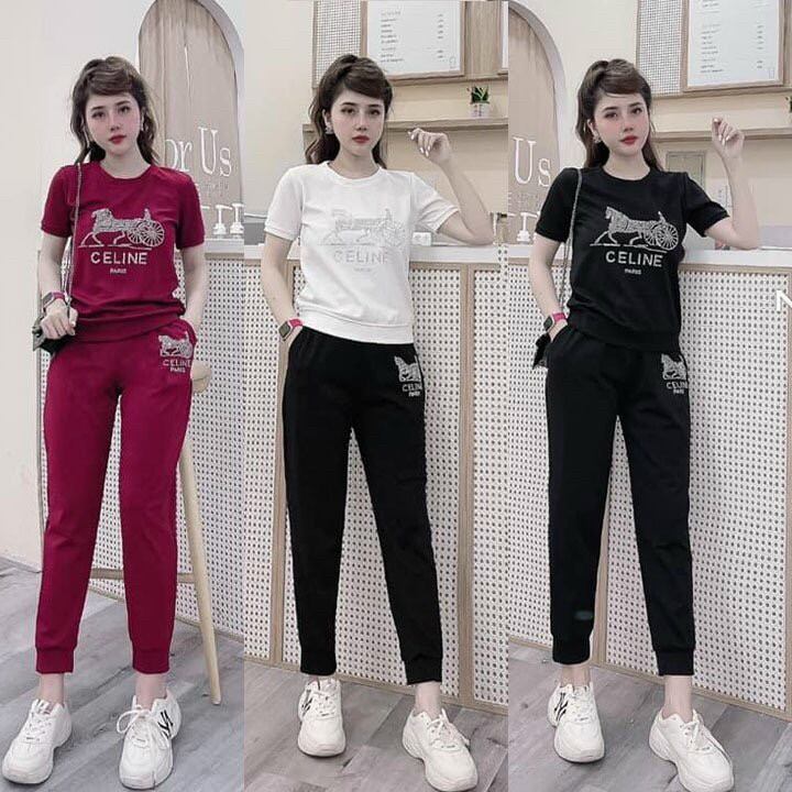 Sét bộ đồ nữ thời trang đính đá xe ngựa cao cấp thun cotton 100%
