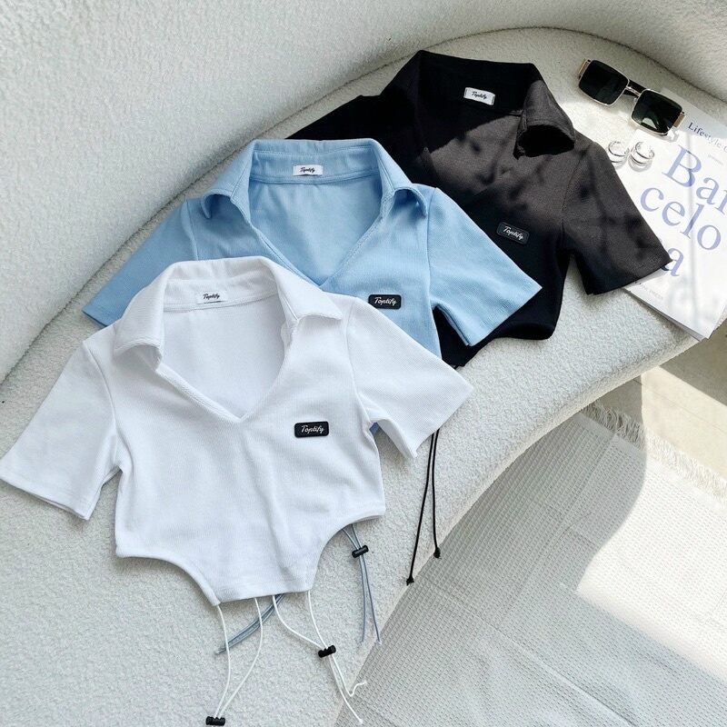 ÁO KIỂU CROPTOP CỔ BẺ PHỐI DÂY Ở EO H90