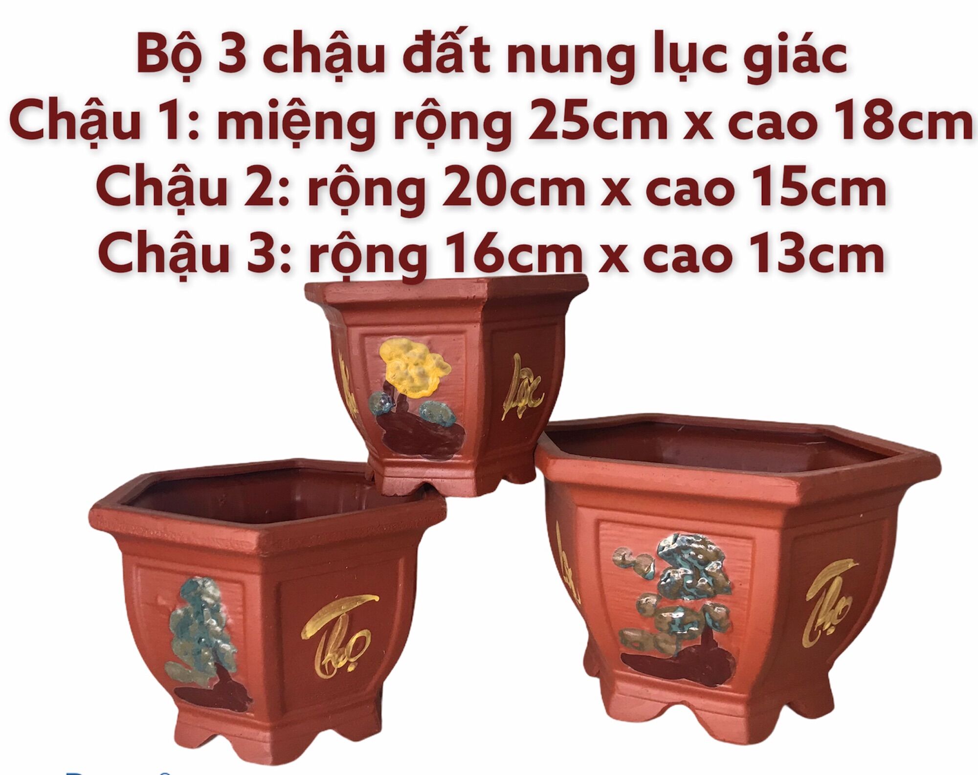 Bộ 3 chậu đất nung bonsai lục giác.