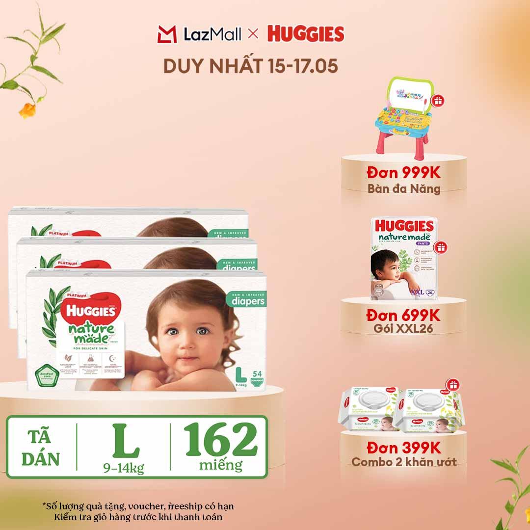 [CHỈ 15-17.05 QUÀ TẶNG ĐƠN 399K](Mua 1 tặng 1) Combo 3 Tã/Bỉm dán HUGGIES PLATINUM NatureMade L54 (9-14kg)-Gói Jumbo 54 miếng