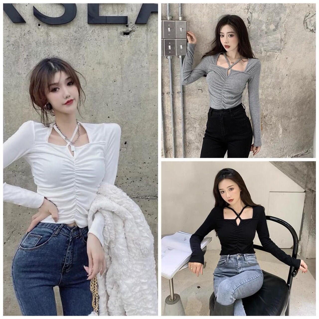 Áo kiểu thun croptop nữ tay dài chít thun phối dây thời trang cho nữ