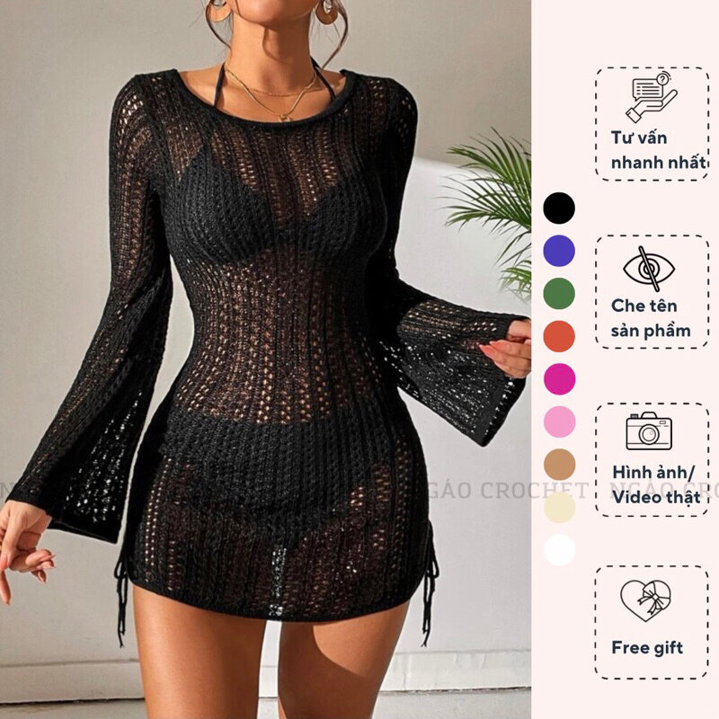 Áo Lưới Mặc Ngoài Bikini Tay Loe Hở Lưng Dáng Ngắn Mặc 2 Kiểu Có Dây Rút Form Rộng, Đầm Đan Len Nhiề