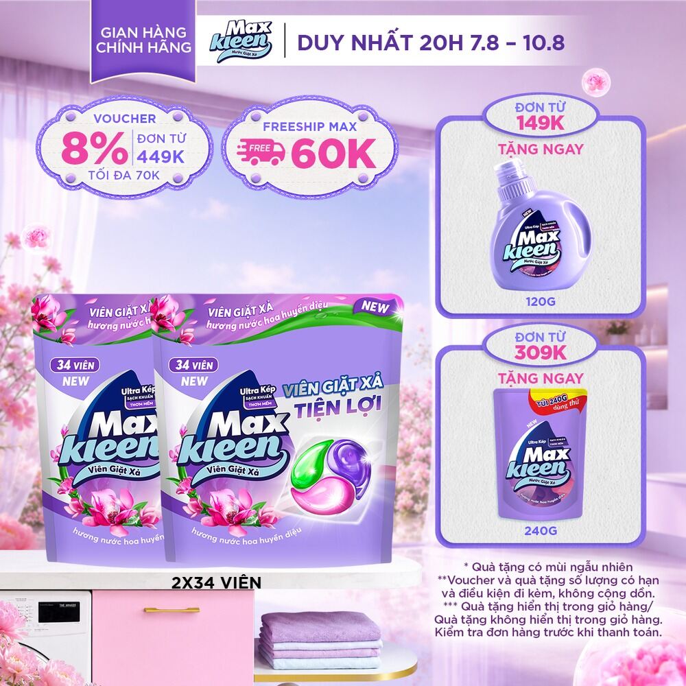 Combo 2 Túi Viên Giặt Xả MaxKleen Hương Huyền Diệu/ Ngày Thư Thái/ Dấu ấn ngọt ngào (34 viên/túi)