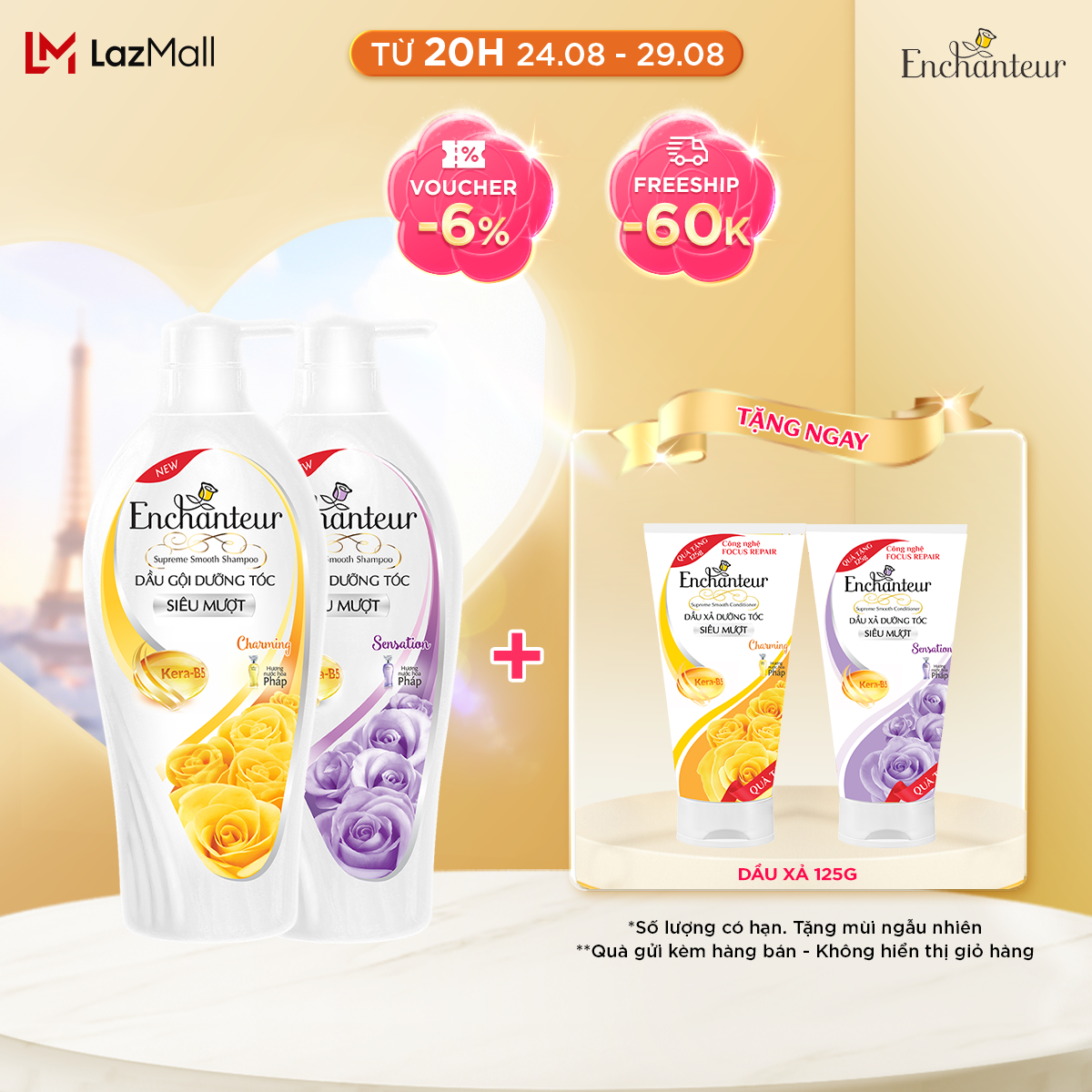 Dầu gội dưỡng tóc siêu mượt Charming/Sensation 650g + Tặng Dầu xả dưỡng tóc siêu mượt Charming/Sensation 125g (quà quấn kèm không hiển thị giỏ hàng)