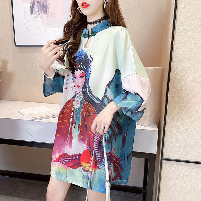 Áo Phông Sườn Xám Mẫu Cách Tân Hán Phục Rộng Rãi Mùa Hè Phong Cách Sành Điệu Trong Nước Cổ Điển Instagram Phong Cách Trung Quốc Váy Liền Váy Ngắn Tay Lỡ Nữ