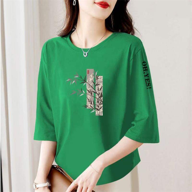 Áo Thun Tay Lửng in Họa Tiết Phong Cách Trung Hoa Rộng Rãi Cho Phụ Nữ Trung Niên Và Cao Tuổi Mùa Hè Thường Ngày