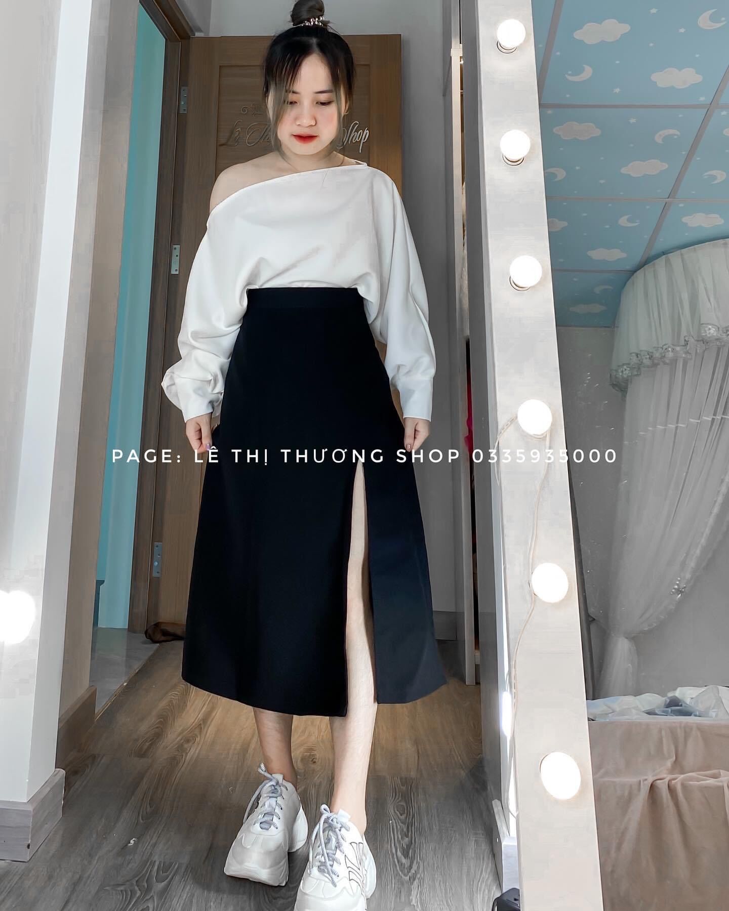 Set váy xẻ tà + áo lệch vai tay bồng