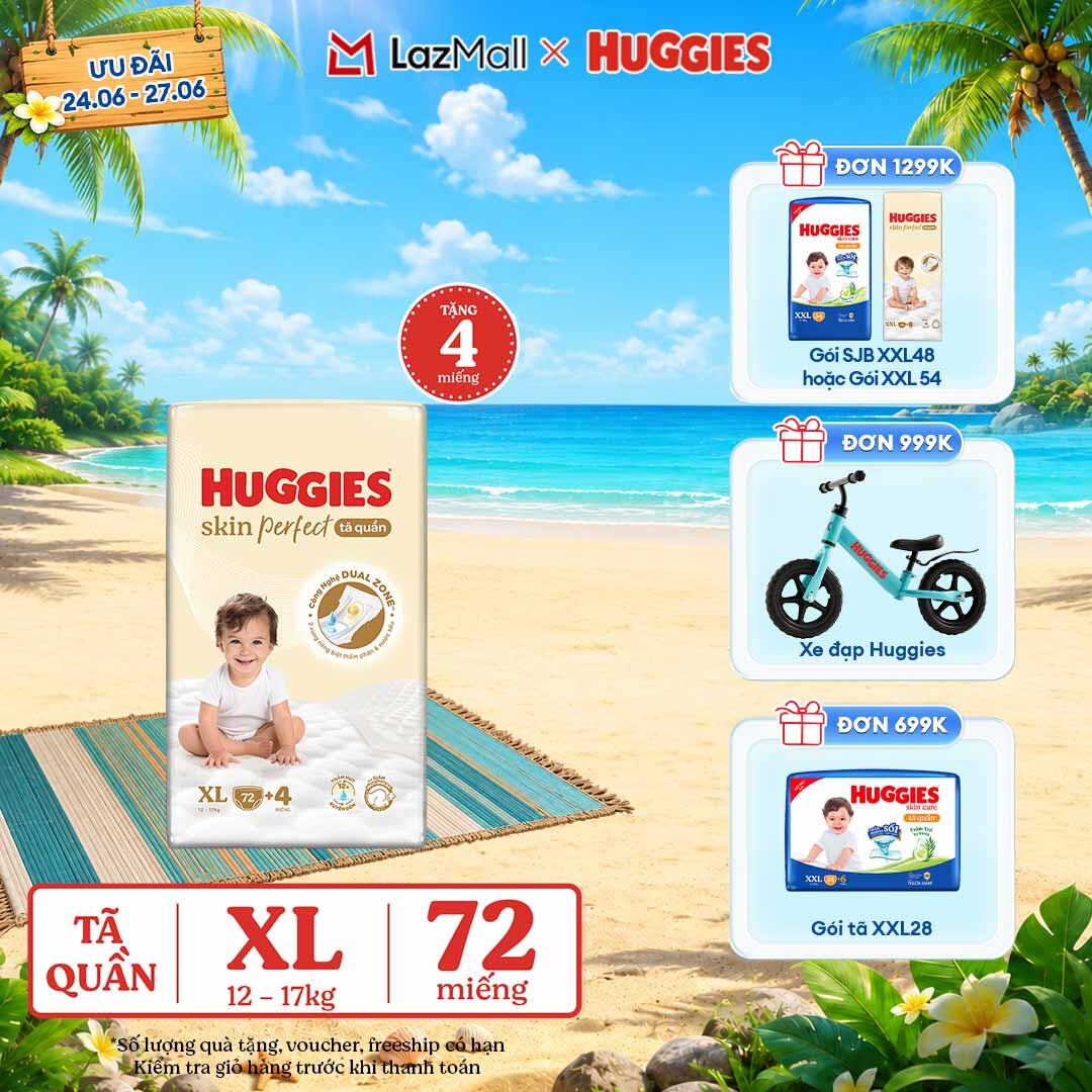 [Chỉ 25-29.06 QUÀ TẶNG ĐH 699K]  Tã quần Huggies Skin Perfect XL Mega Jumbo 72+4 miếng với 2 vùng thấm giảm kích ứng da - Nhiều Phiên bản