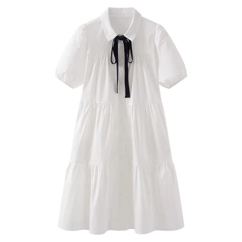 Váy sơ mi babydoll kèm nơ ullzang - Đầm sơ mi babydoll kèm nơ dáng xoè Pea Store
