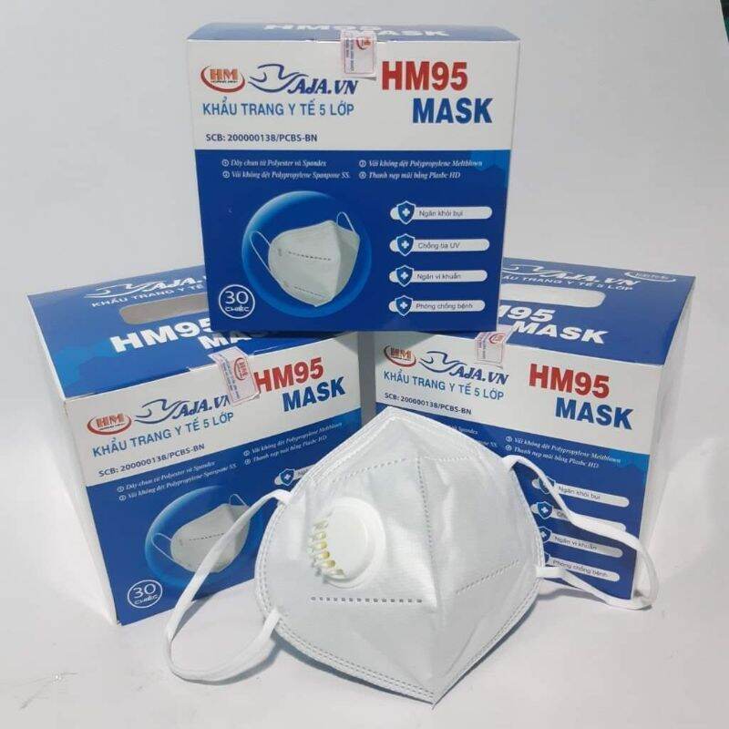 Hộp 25 Cái Khẩu Trang Y Tế 5 Lớp Có Van N95 HM95 MASK Chính Hãng Hoàng Minh Có Van Nẹp Mũi Cố Định Sống Mũi, quai đeo chắn chắc, lọc bụi chống bụi mịn PM2,5 kháng khuẩn