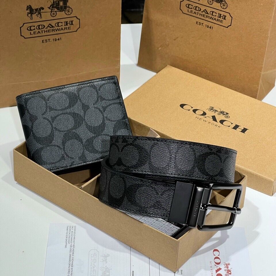 Set thắt lưng ví nam Coach da canvas đẹp fullbox