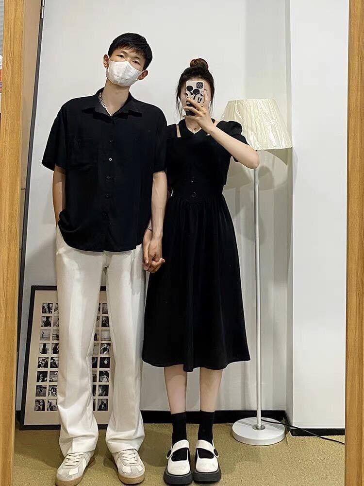 📣📣 có bigsize nữ 90kg nam 100kg 📣📣 - áo váy đôi nam nữ đen cổ chéo