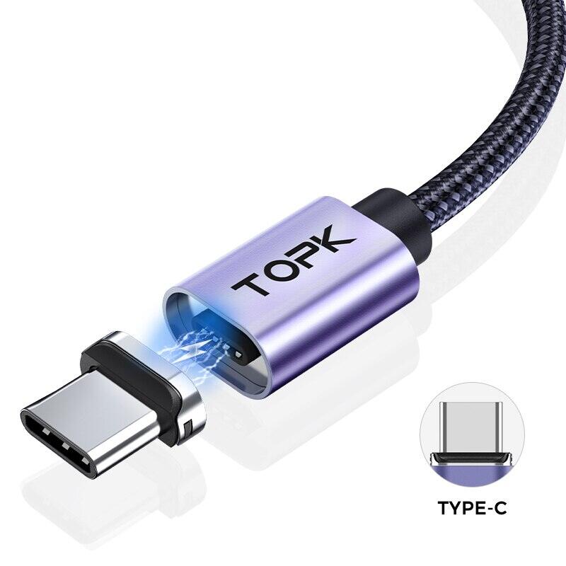 Topk từ sạc cáp 3A Micro USB Loại C Cáp với LED ánh sáng nam châm điện thoại Sạc dây cho Iphone Android thiết bị