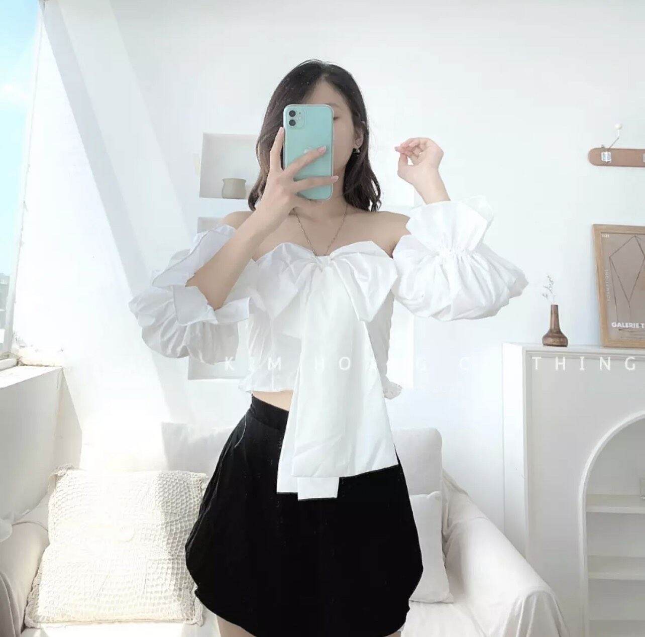 Áo nơ to trước hở vai nhún tay xinh xắn