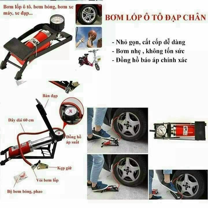 Bơm hơi bằng chân - bơm xe máy - bơm xe đạp - bơm xe hơi đa năng