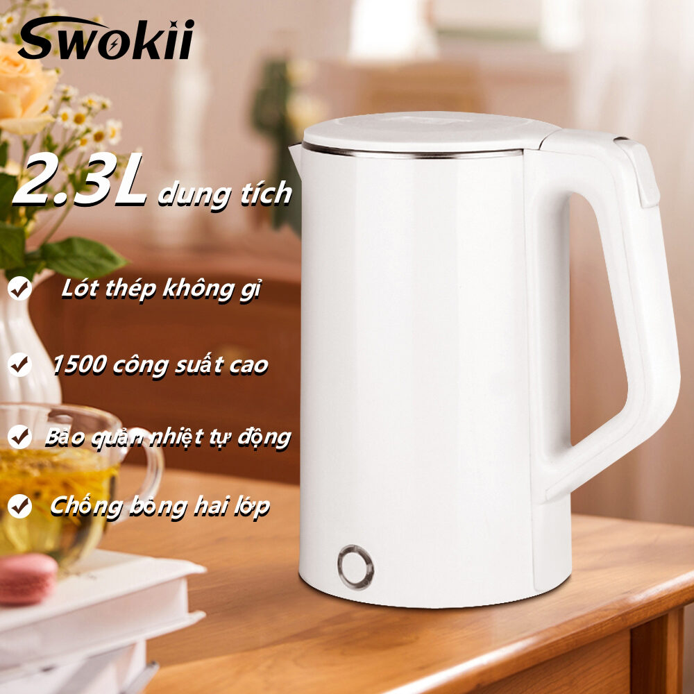 Swokii ấm đun nước siêu tốc, 2.3L ấm siêu tốc, 1500W bình đun nước siêu tốc, lót inox 304, bình siêu tốc, với chức năng tự động tắt và bảo vệ đun sôi khô, Thiết kế cách nhiệt hai lớp