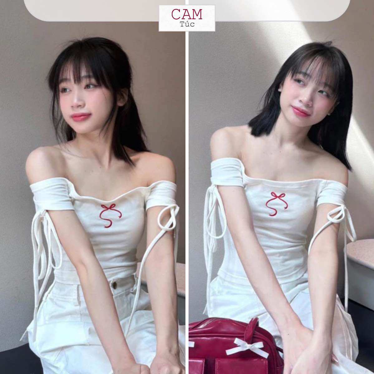 Áo Trễ Vai Thêu Nơ Và Tay Áo Thắt Nơ Cho Nữ