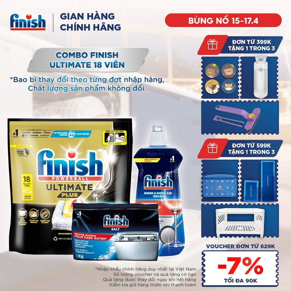 Combo Finish: Viên rửa chén Ultimate 18 viên + Nước làm bóng 500ml + Muối rửa chén 1kg