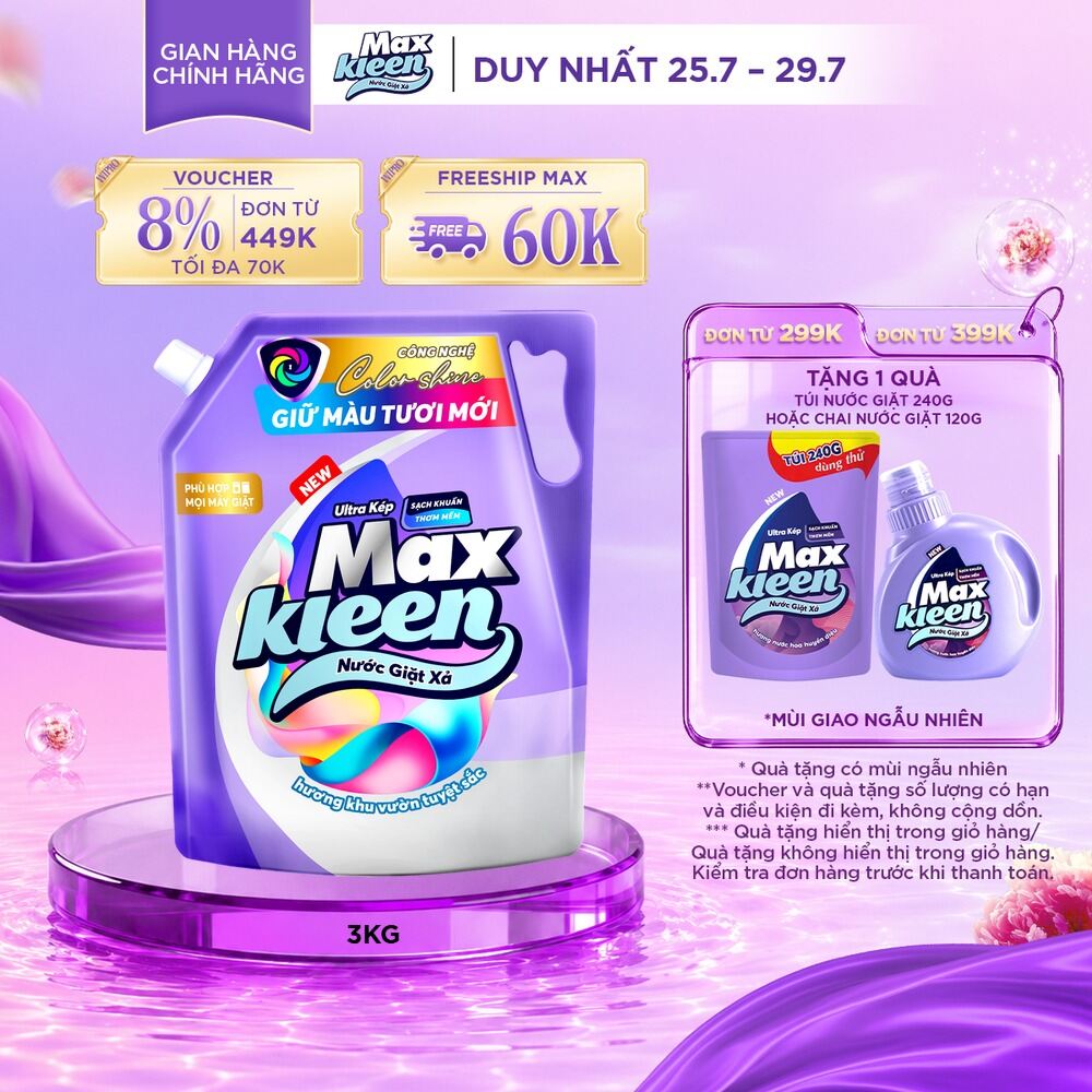 Túi Nước Giặt Xả MaxKleen Giữ Màu Tươi Mới Hương Khu Vườn Tuyệt Sắc 3kg/Túi