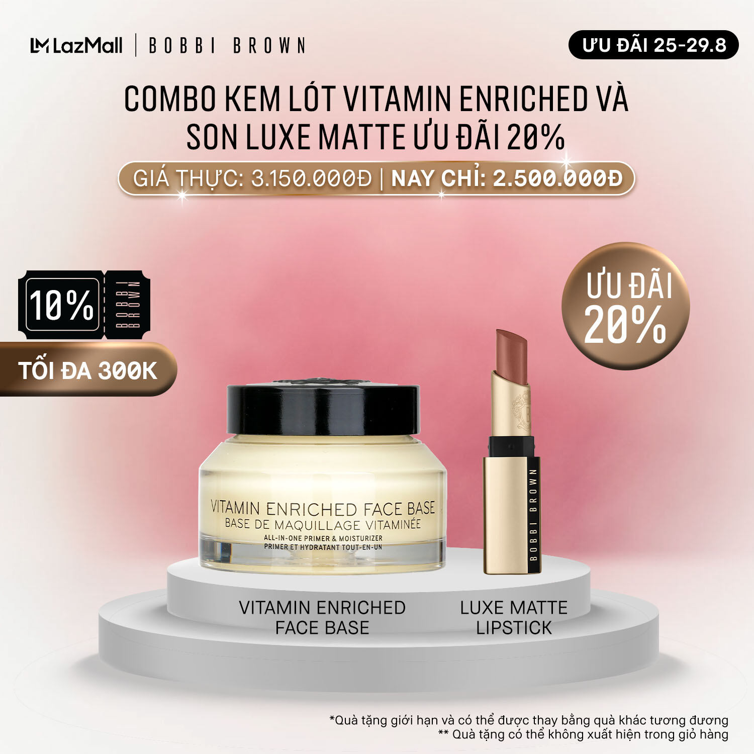 [ƯU ĐÃI 25-29.8] Bobbi Brown - Bộ 2 món: Kem lót dưỡng da Bobbi Brown Vitamin Enriched Face Base 50ml, Son Bobbi Brown Luxe Matte Lipstick
