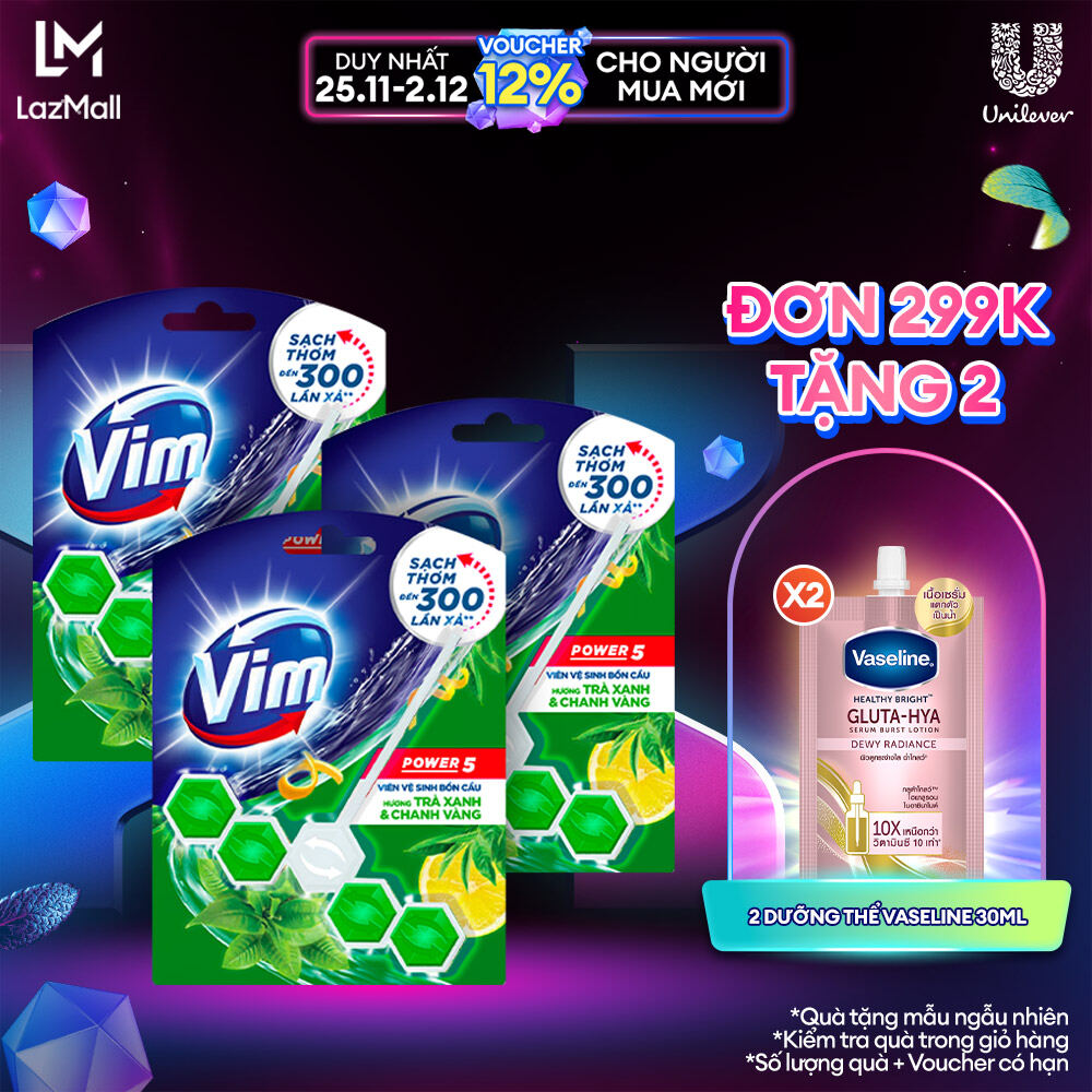 Combo 3 Viên treo bồn cầu VIM Power 5 hương Trà Xanh Chanh Vàng 55G x 3