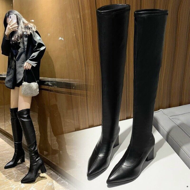 Boot nữ, bốt cao cổ, boots đùi da mềm lót lông cao cấp mũi nhọn gót 7 phân cực tôn dáng 3110