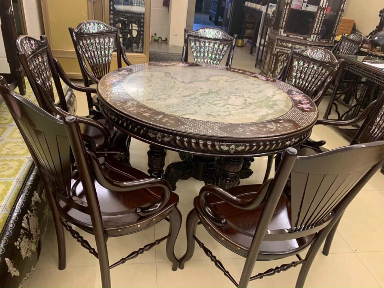 Bộ bàn ghế ăn rẻ quạt khảm ốc đẹp 8 ghế 1 bàn gỗ gụ
