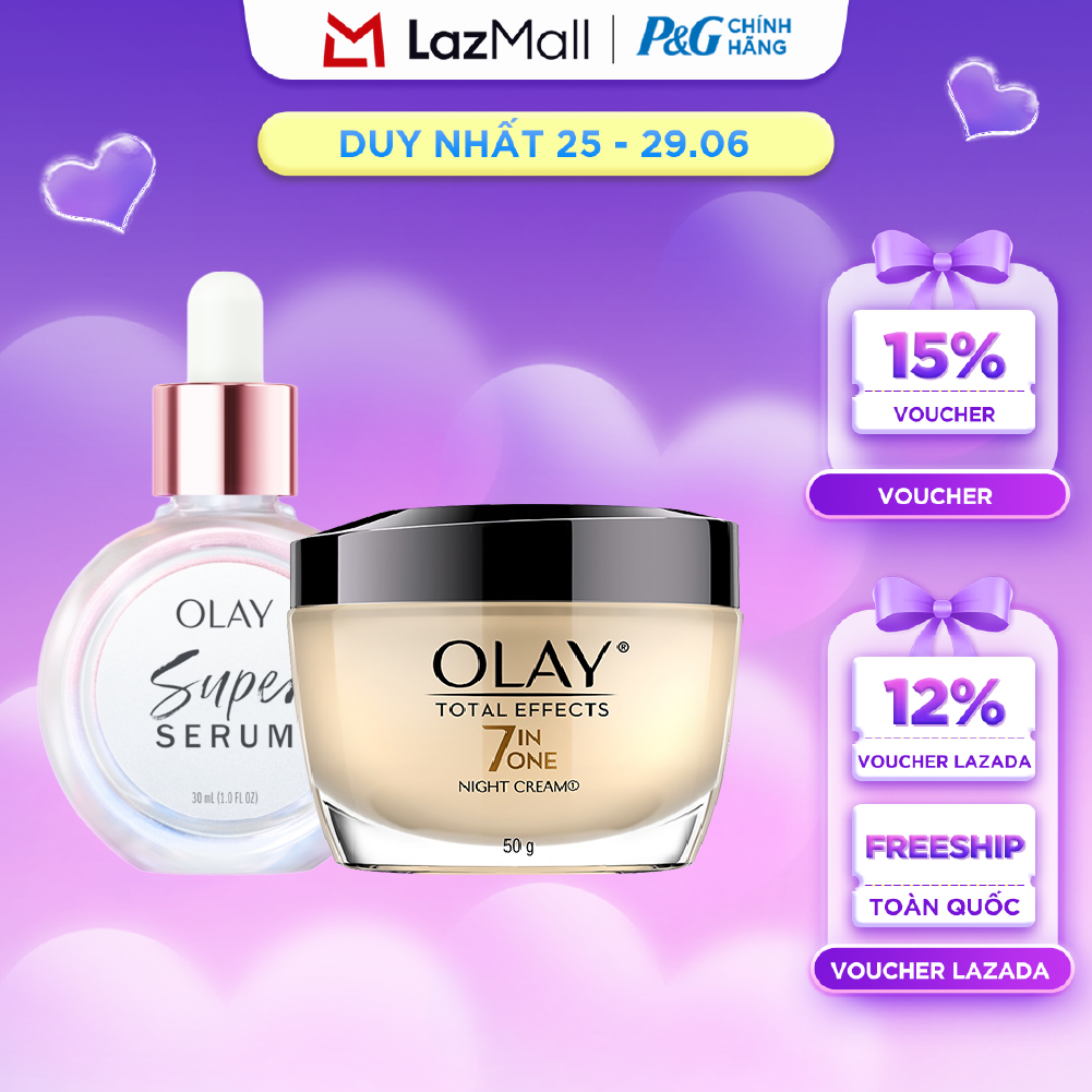 Combo 2 SUPER SERUM OLAY SỨC MẠNH TỪ 5 DƯỠNG CHẤT TRONG 1 - Chai 30ML Và Kem Dưỡng Ẩm OLAY TOTAL EFFECTS Ban Đêm 50G
