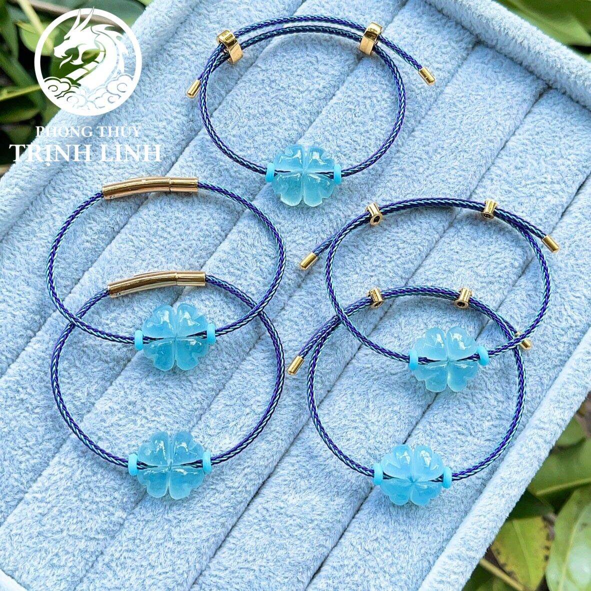 Vòng tay cỏ 4 lá aquamarine xanh dương