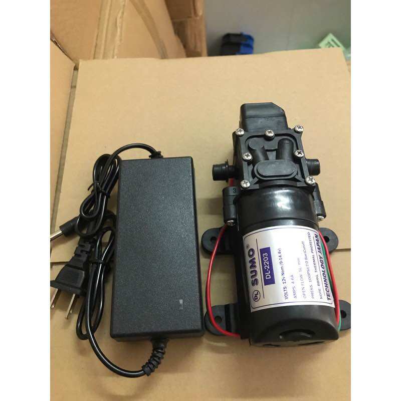 Bộ bơm tăng áp mini SUMO tự động ngắt và Adapter 12V5A Bơm công suất 60W lưu lượng 5L/ phút Ứng dụng làm bộ tưới cây phun sương hoặc rửa xe