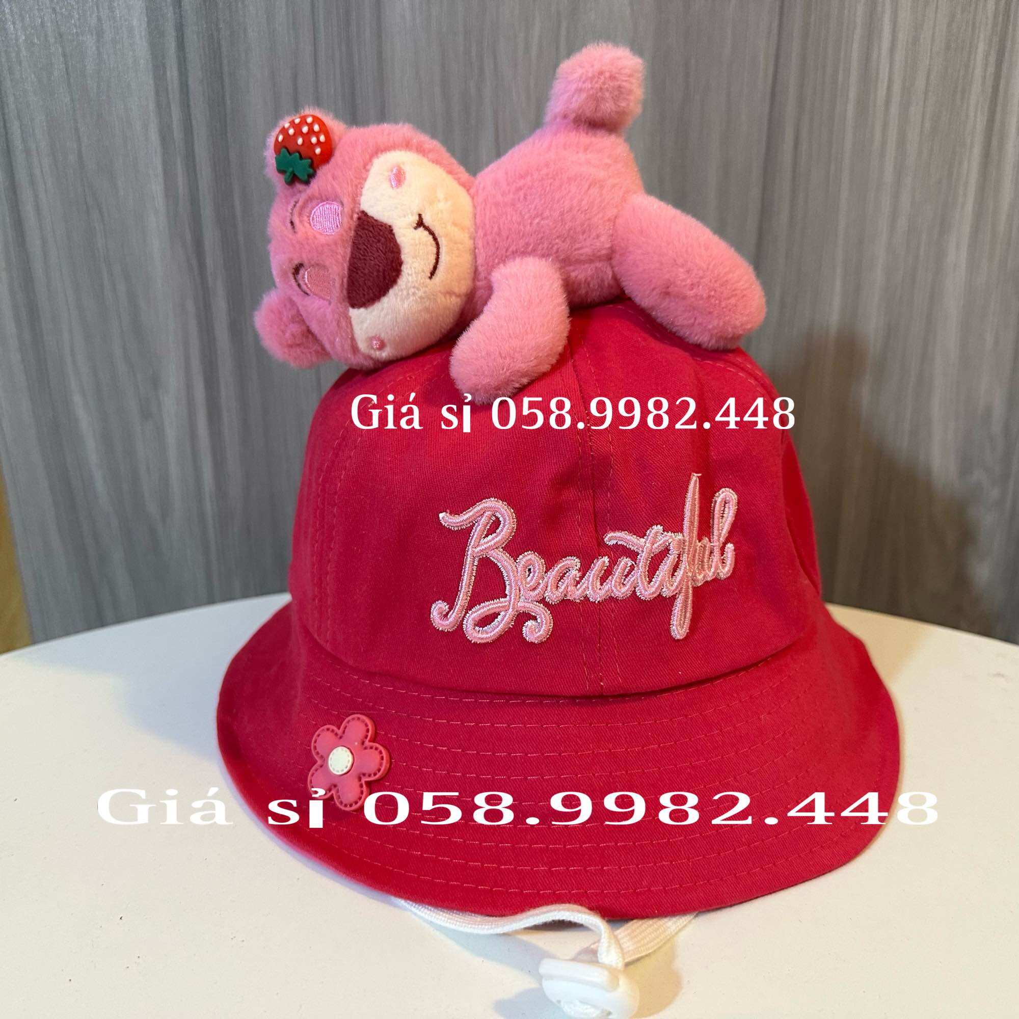 Mũ gấu dâu lotso cho bé ,nón vành rộng màu hồng xinh 2-6 tuổi