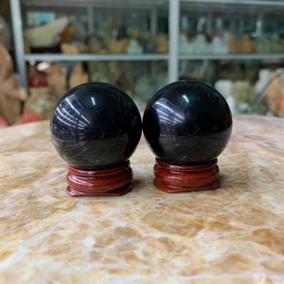 Cặp bi lăn tay đá thạch anh đen - đường kính 4cm