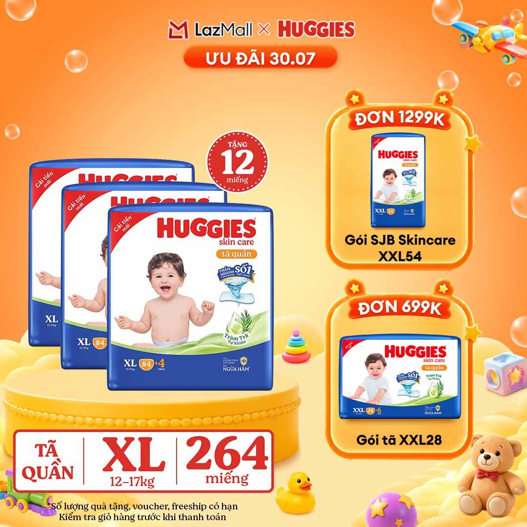 [30.7 GIẢM THÊM 90K] Combo 3 Gói Tã/bỉm quần HUGGIES SKINCARE MEGA JUMBO size XL84+4 miếng
