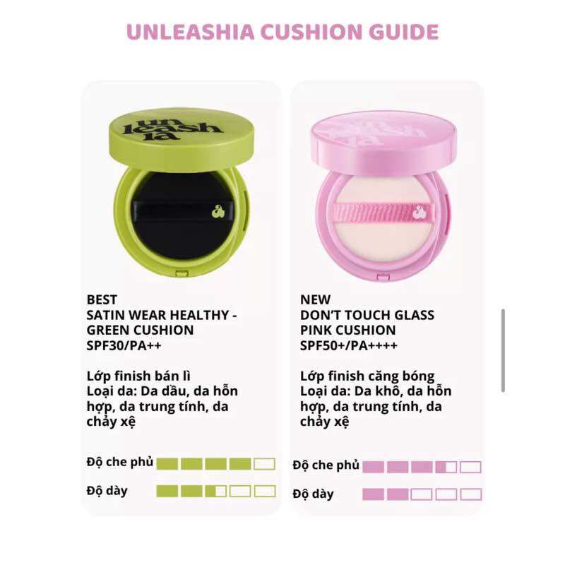 Phấn Nước UNLEASHIA Baby Blue Cushion, Pink Cushion & Green Cushion SPF50+/PA++++ 15g