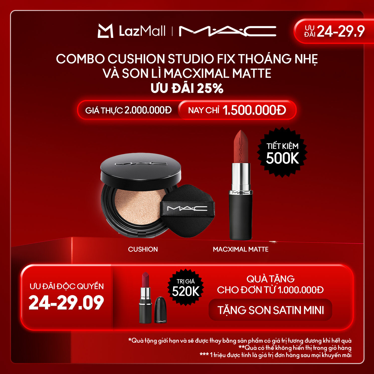 ƯU ĐÃI 24-30.9 MAC - Bộ 2 món: M·A·C Studio Fix Longwear Cushion Foundation SPF 50 PA+++ Son thỏi lì MACXIMAL Silky Matte Lipstick