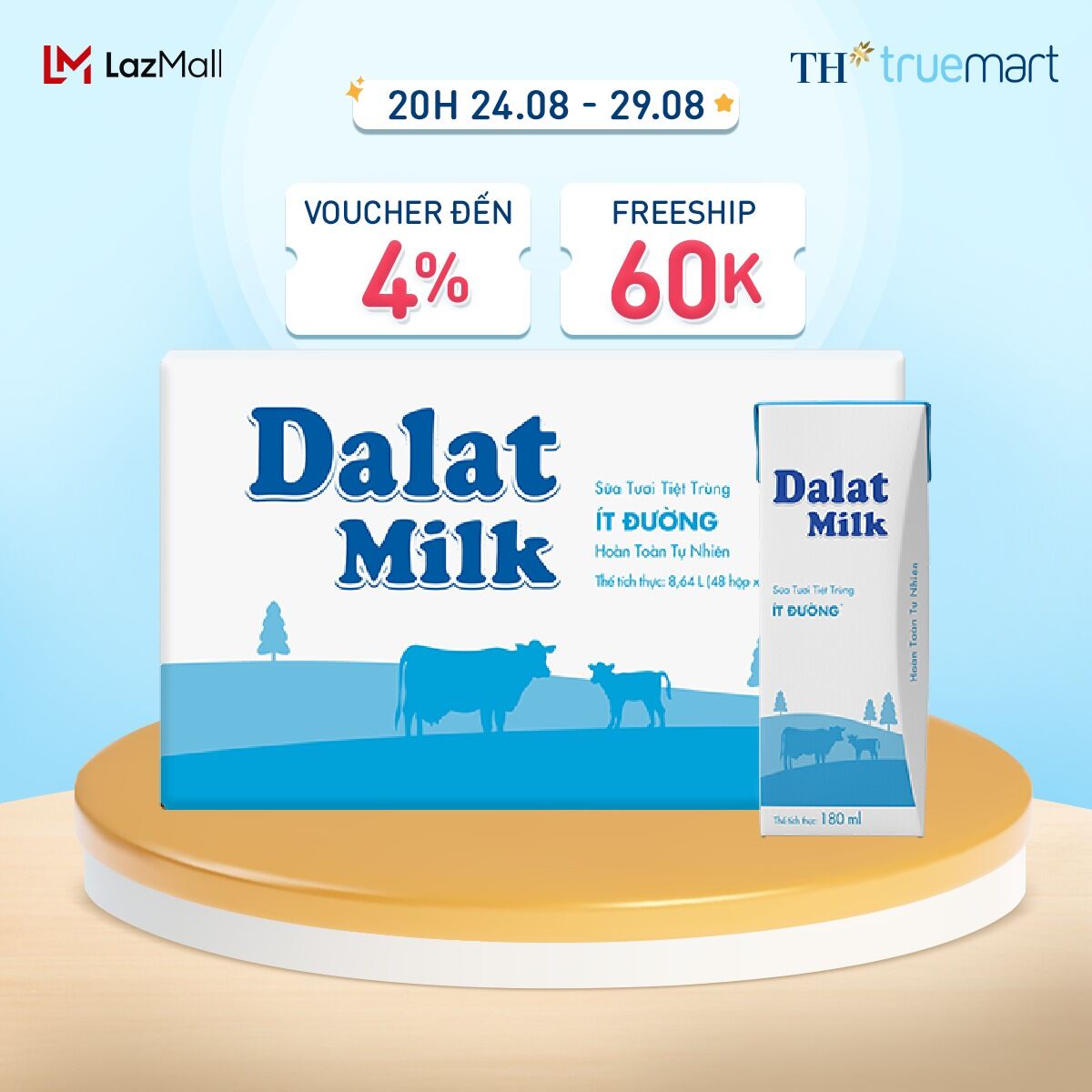 Thùng 48 hộp sữa tươi tiệt trùng Dalatmilk ít đường 180 ml