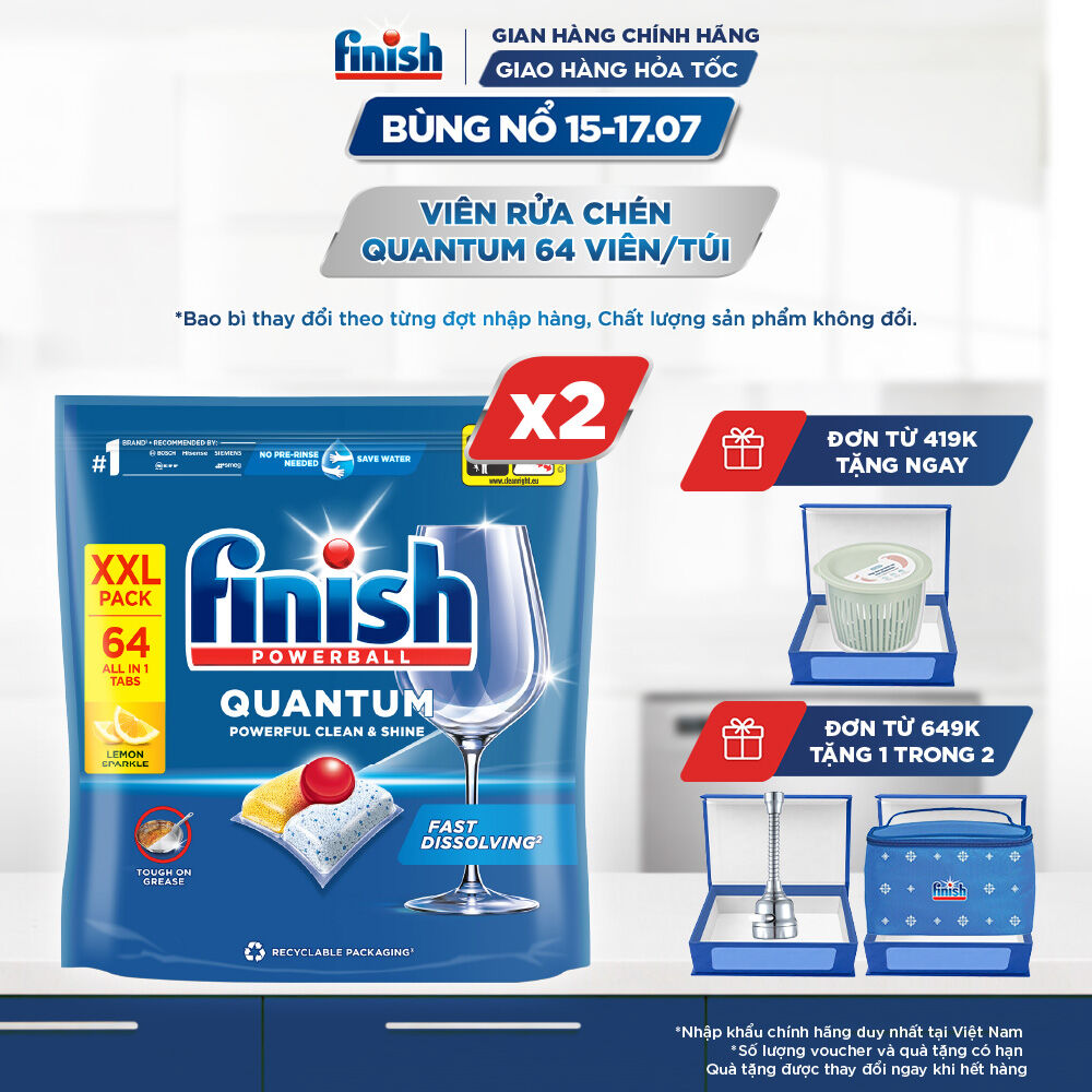 Combo 2 Viên Rửa Chén Bát Finish Powerball Quantum Powerful Clean & Shine 64 viên
