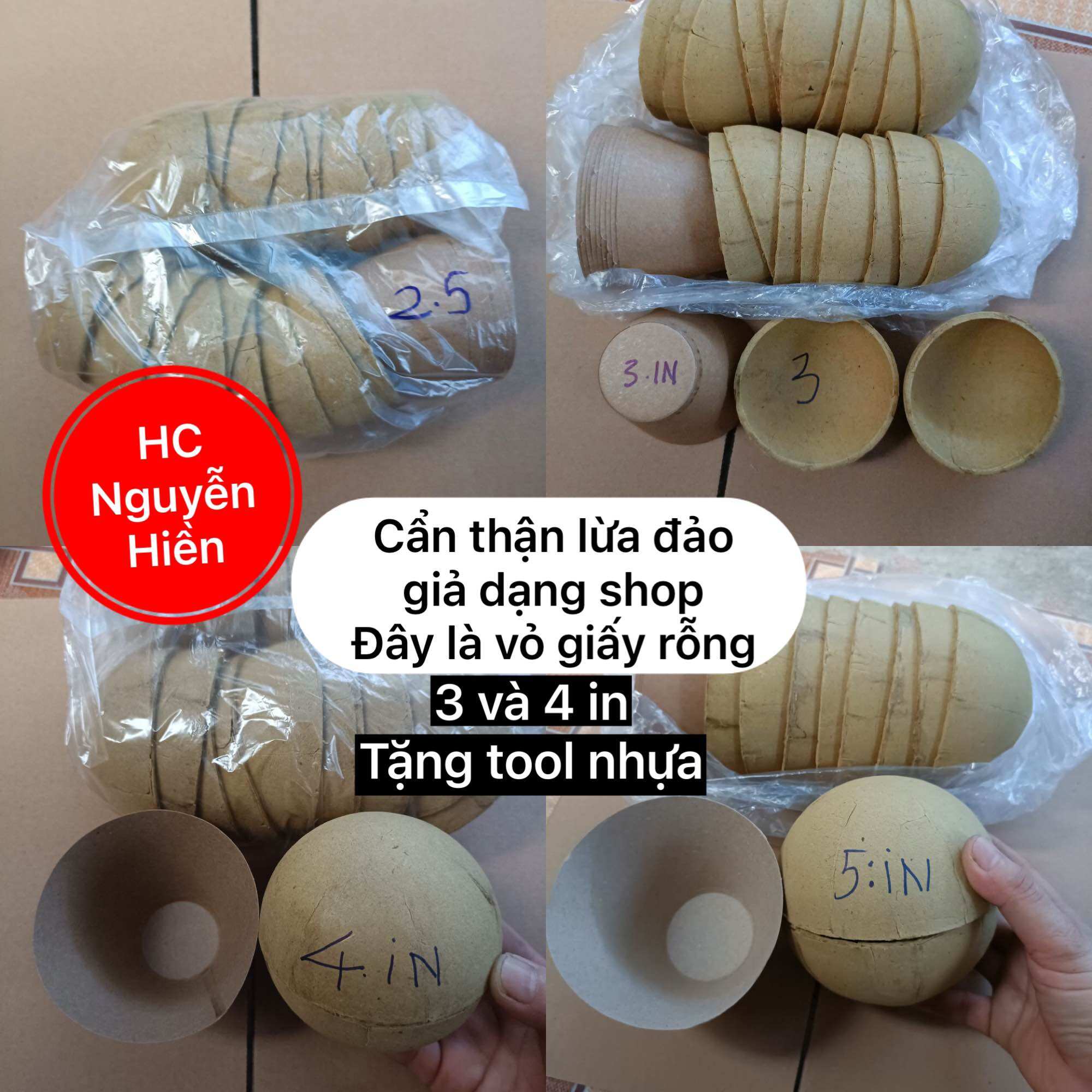  bộ Vỏ cầu giấy 2inch 2,5 inch; 3 inch; 4 inch; 5inch kèm cốc giấy 