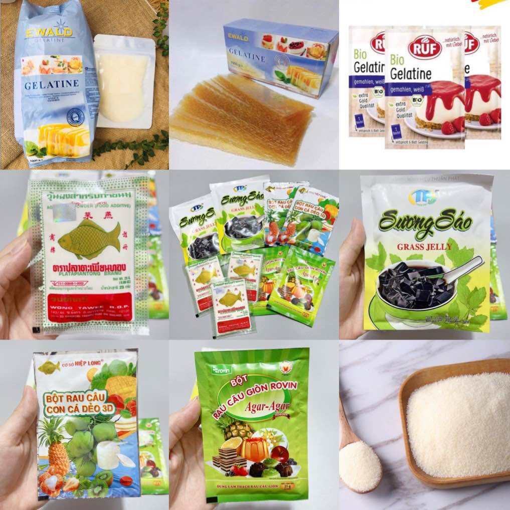 HCM-BỘT RAU CÂU DẺO JELLY, AGAR, CON CÁ THÁI, GELATINE ĐỨC, SƯƠNG SÁO, SƯƠNG SA, PUDDING BỘI LINH SHOP